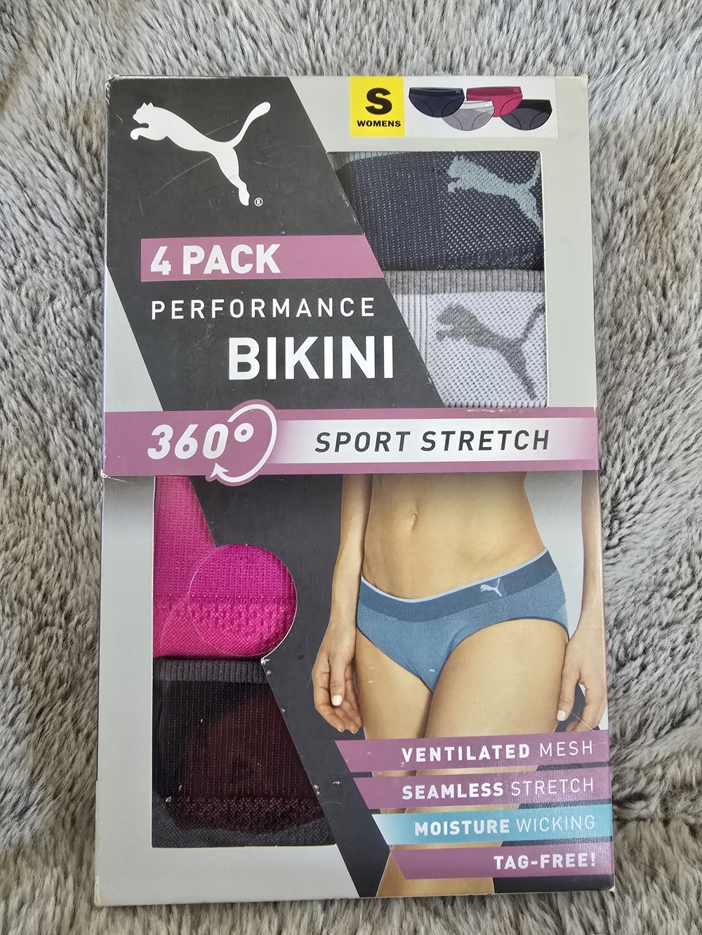 Puma Womens 4-Pack Performance Bikini Underwear - Pink, Blue, Gray, Black, Small